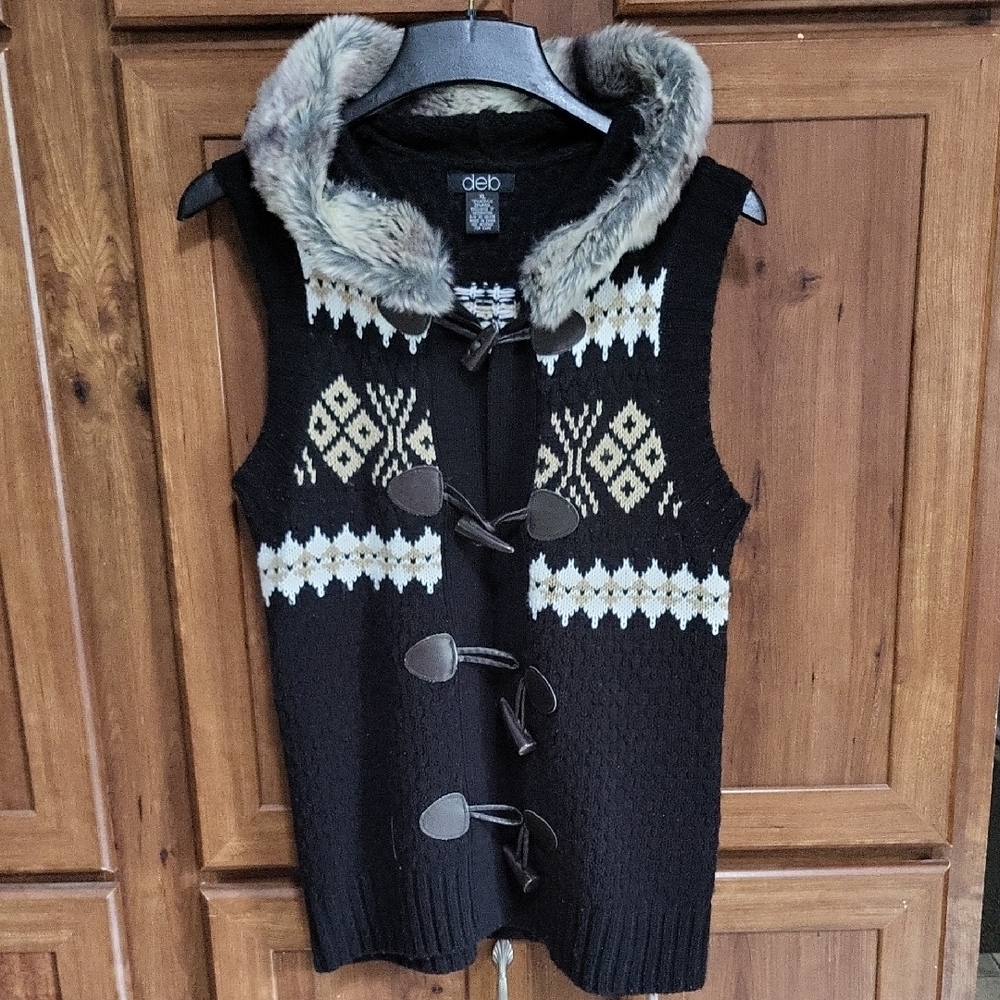 Deb Black and Cream Cardigan Sweater with Nordic Pattern